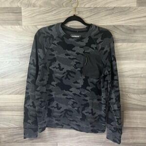 Express Womens Casual Top Black Gray Camo Long Sleeve Pocket Stretch Pullover XS